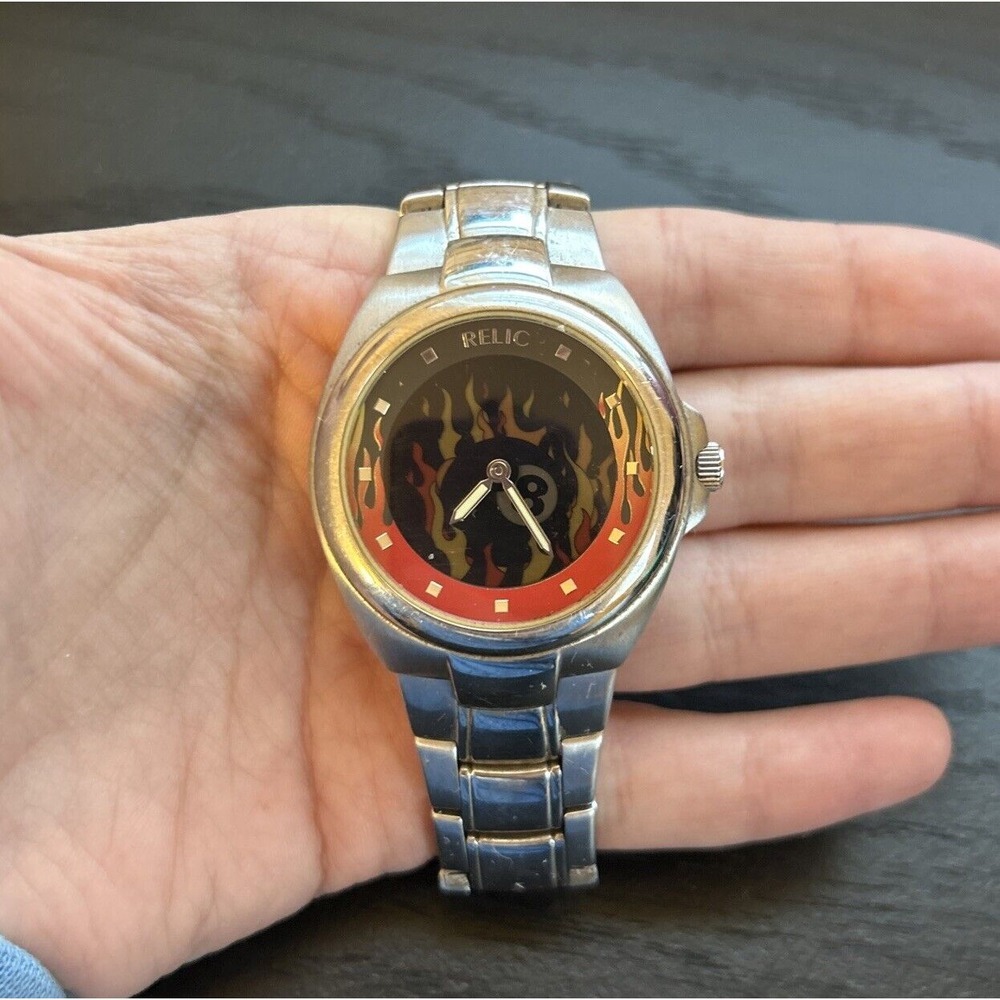 Super‎ Rare Working Relic By Fossil Men's Wrist Watch Moving 8Ball Flame Dial